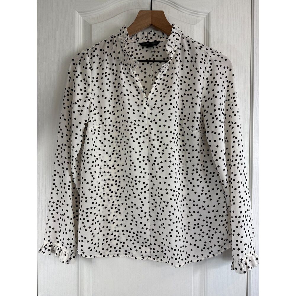 Banana Republic Women's Long Sleeve Blouse Black Cream Polka Dot Ruffle Size XS